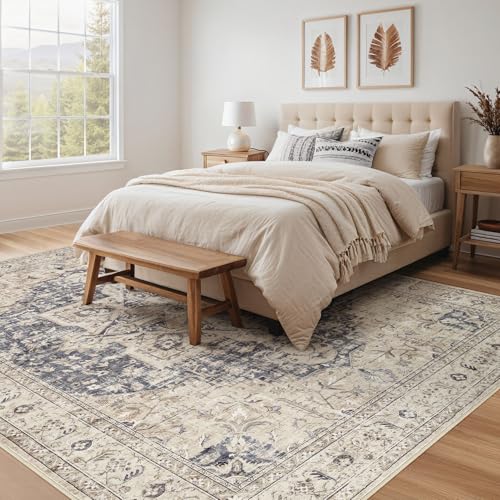 Tortania Area Rug Living Room Rugs - 12x15 Washable Boho Rug Vintage Oriental Distressed Farmhouse Large Thin Indoor Carpet for Living Room Bedroom Under Dining Table Home Office - Cream Blue
