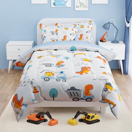 Image of SANDJEST Dinosaur Comforter Set Twin Size 68x86in for Kids Boys, Microfiber 3 Pcs Bedding Set Includes 1 Comforter, 1 Pillowcase, 1 Fitted Sheet, Nursery Room Decor