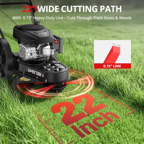 Image of AMERISUN 22-Inch 170cc Walk Behind String Trimmer with 14-Inch High Wheels | 4-Stroke OHV Gas Brush Mower, Foldable Handle, 1.9 inch-4.0 inch Adjustable Cutting Height for Tall Grass, Weeds & Brush