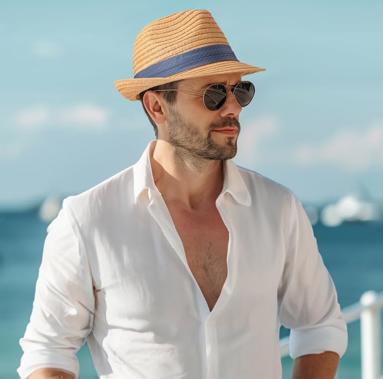 Straw Trilby Hat for Men - Summer Sun Fedoras Travel Beach Panama M/L and L/XL, Adjustable - Image 6