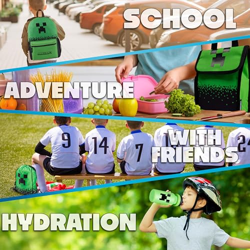 Minecraft Backpack Set 5pcs with Lunch Bag Water Bottle Pencil Case Drawstring Bag or Lanyard Keyring Supplies Gifts For Kids (Green)3