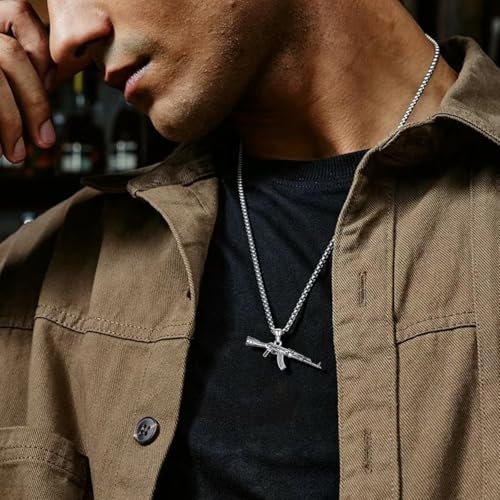 Gun Necklace 925 Sterling Silver Hip Hop AK-47 Gun Pendant Necklace for Men, w/Stainless Steel Chain 22 + 2 Inch2