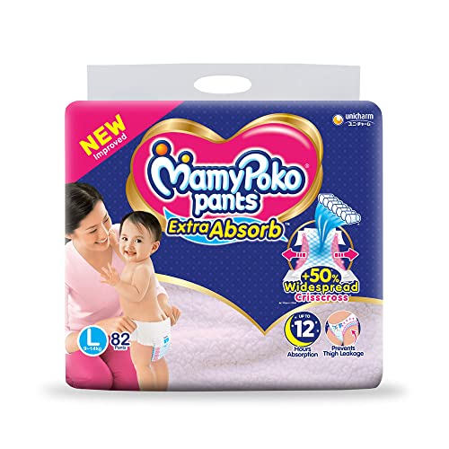 Image of MamyPoko Pants Extra Absorb Diaper - Large Size, Pack of 82 Diapers (L-82) for Kids& Sofy Anti Bacteria Extra Long Sanitary Pads - Slim (28 Pads)