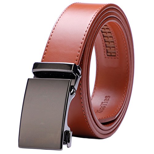 KissTies Solid Leather Belt Ratchet Dress Belts Tan Strap With Black Buckle