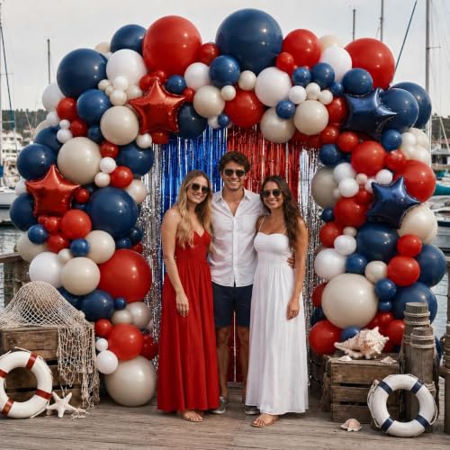 Image of Navy Blue Red Balloon Garland Double Stuffed Red White Blue Balloons Nude Cream Sand Latex Arch Kit for Patriotic Birthday Baby Shower Baseball 4th of July Graduation New Year Party Decorations