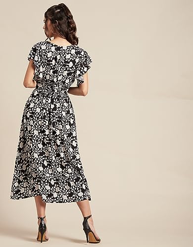 Image of Moomaya Women's Printed Dress, V-Neck, Short Sleeves, Ruffled Midi Summer Dress