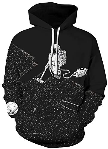 ENLACHIC Men's 3D Galaxy Wolf Graphic Print Cool Hoodies Pullover Sweatshirts,Astronaut Weed,S/M