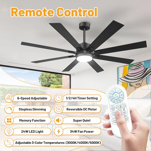 Image of hykolity 62 Inch Modern Flush Mount Large Black Ceiling Fan with Light