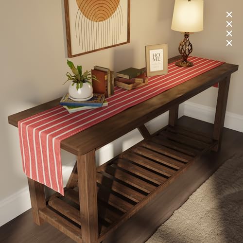 Image of Encasa XO Cotton Table Runner for 4 to 6 Seater | Size 13x72 in | Roma Red Stripes - Machine Washable & Durable