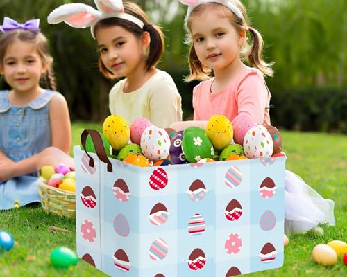 Image of Large Rectangular Easter Baskets Empty Waterproof Boy Toy Box Foldable Kid's Gifts Storage Bin Spring Room Decor(Blue Checkered Egg)