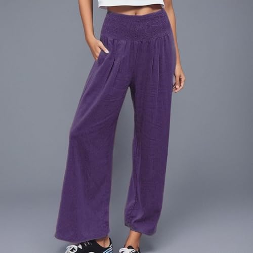 Miniatura 2 de SHAOBGE Pantalones palazzo de verano para mujer, cintura alta, pierna ancha, casual, cintura elástica, pantalones de playa con bolsillos