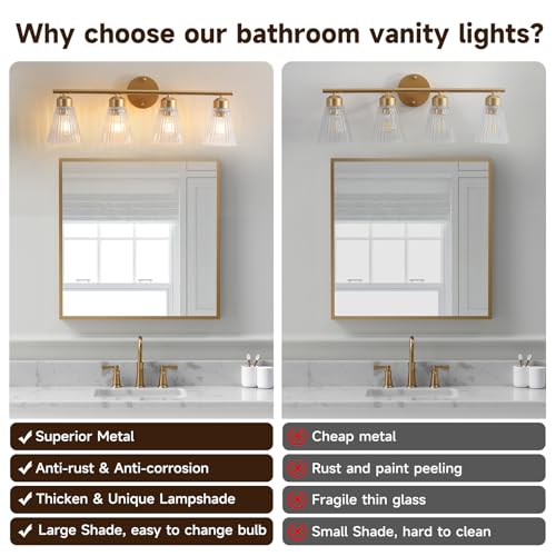 Image of 4-Light Bathroom Vanity Light, Painted Gold Bathroom Light Fixtures Over Mirror with Stripe Glass, Modern Wall Lamp, Wall Sconces Lighting for Living Room Bedroom Kitchen Hallway