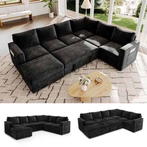 Image of 106.7 inch Chenille Sectional Sleeper Sofa, Pull Out Couch with Storage, Black | 7 Seat Comfy Couches for Living Room, Apartments, or Guest Spaces; Sectionals Modular Sofa Design, Comfortable Seating.