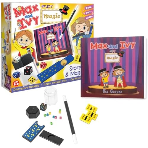 Max and Ivy Enjoy Magic – Beginner Magic Set with Storybook for Children Ages 3-7 – Learn Disappearing Coin, Pencil Slicer & Dice Tricks with QR Video Instructions – Read & Play Educational Magic Set