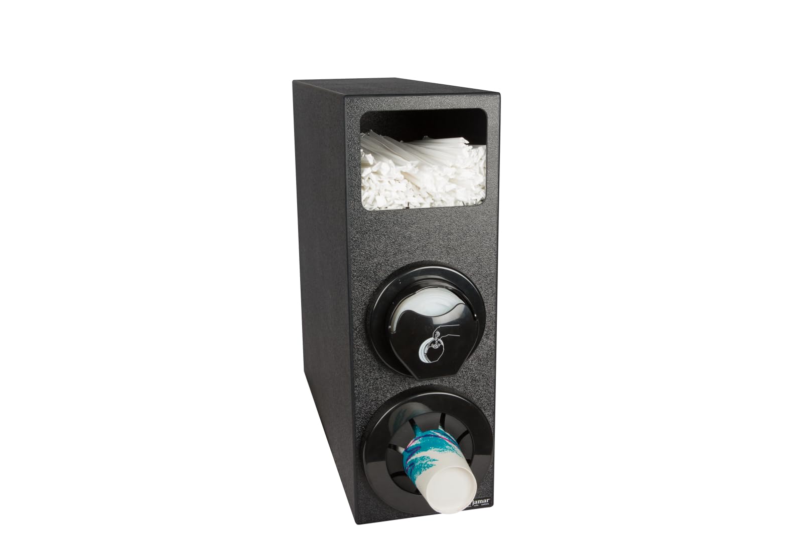 Beverage Cup Lid and Straw Dispenser Cabinet with Adjustable One-at-a-Time System by San Jamar – One Size, 6668.75 ounces, Polystyrene, Straw, Model L22CS2951BK