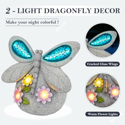 Dragonfly Garden Decor with Solar Cracked Glass Wings & Flower Lights by zuzuzen - Used condition - Image 3