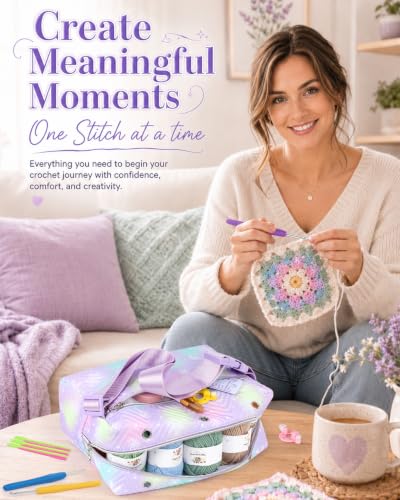 Image of Aeelike Crochet Kit for Beginners Adult, Complete Knitting Yarn Kit, Purple | 87 PCS Crochet Kits for Beginners All-inclusive Crochet Set with Yarns Hooks Step-By-Step Instruction Storage Bag, Ideal Gift