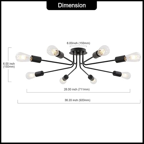 Miniatura 5 de Lámpara de techo vintage de 8 luces industriales de metal negro Sputnik semi empotrada para comedor, sala de estar, cocina