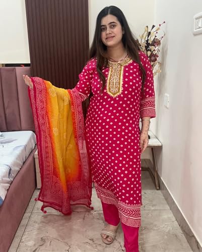 Image of GoSriKi Women's Rayon Viscose Printed Straight Kurta with Pant & Dupatta