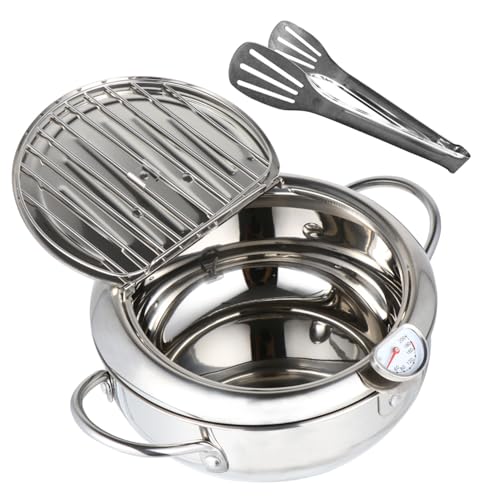 GLEAVI 1Set Portable Japanese Style Deep Fryer Pan with Thermometer Tempura Frying Pot Includes Food Tongs for Frying Chicken Fish and French Fries