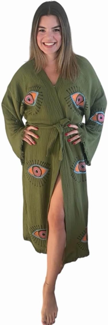 Green Evil Eye Robe For Women - Turkish Cottton Robe - Handmade Spa Kimono - Boho Long Cardigan - Dressing Gown - Image 3