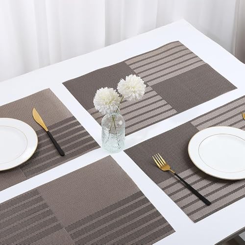 Image of YELONA Placemats Set of 8, Heat-Resistant Woven Vinyl Table Mats, Non-Slip & Washable Dining Tablemats for Kitchen & Dinner Decor, Bistre Brown (45cm x 30cm)