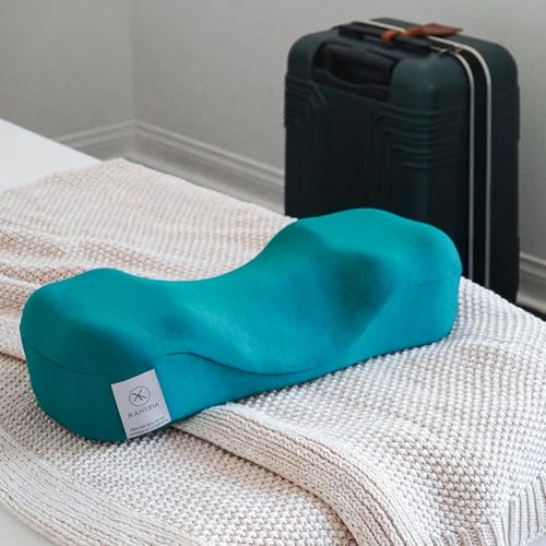 Kanuda Travel Pillow (Scandi Blue) Orthopedic Cervical Neck Pillow for Travel Firm Ergonomic Memory Foam Support with CV4 & OCBR Therapy Washable Cover & Storage Bag