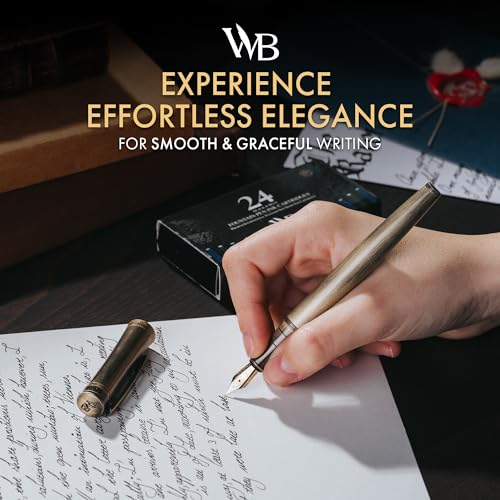 Image of Wordsworth & Black Luxury Fountain Pen Set for Writing, Medium Nib, Bronze | Gift for Men & Women, Brass Body, 18K German Iridium, Calligraphy, Converter + 24 Ink Cartridges, Refillable, Leak-Free