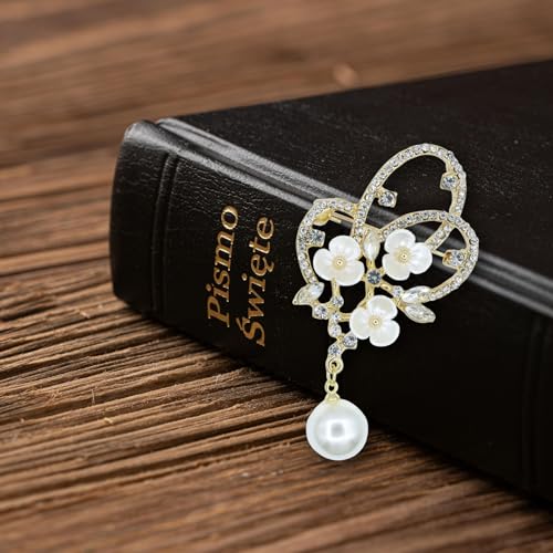 Image of Gold Crystal Shell Flower Brooch Pins for Women Elegant Pearl Rhinestone Floral Brooches Pin Fashion Jewelry for Party Dance Wedding Banquet Brooch for Women Girl Gift