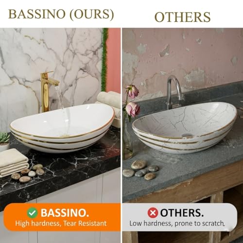 Image of BASSINO 24x14x6 Inches Ceramic Table Top Wash Basin /Designer Bathroom Sink /Countertop Vessel Basin /Luxury Washbasin /Above Counter Basin for Bathroom /Vanity Sink for Dining Hall(Glossy White & Gold)