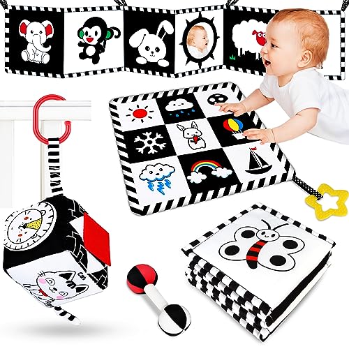 Image of 4 Pcs Baby Toys 0-3 Months Black and White High Contrast Newborn Toys - Tummy Time Toys Montessori Toys for Babies 0 3 6 9 Months - Infant Sensory Soft Book Toys for Babies Girls Boys Baby Gifts