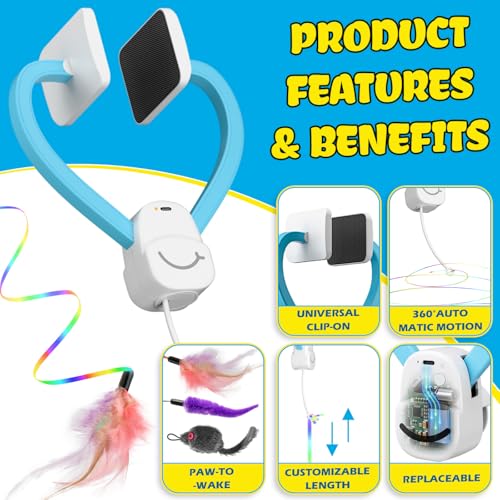 Image of Smart Automatic Door Hanging Cat Toy for Indoor Cats - Electric Interactive Feather Wand, Mouse & Worm Set, 360 Rotating, Type-C Rechargeable, Quiet Self Play Enrichment for Bored Kittens