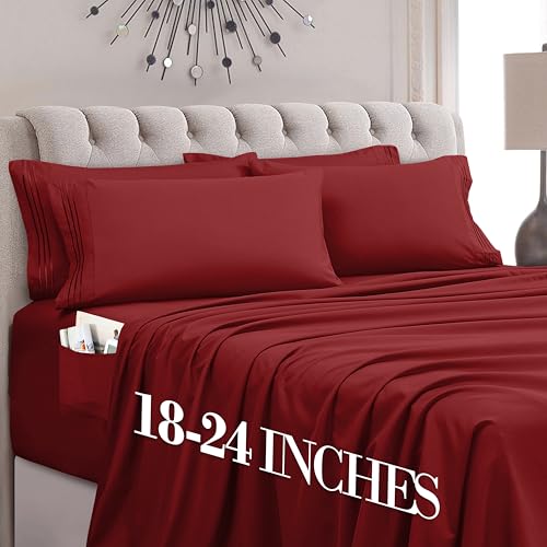 Image of Mocassi Luxury 6-Piece Sheet Set, Ultra Soft 1800 Premium Hotel Quality Microfiber Sheet Set, Fits Mattresses Up to 18 to 24 Inches Extra Deep Pocket - Breathable and Secure Fit, Queen, Burgundy