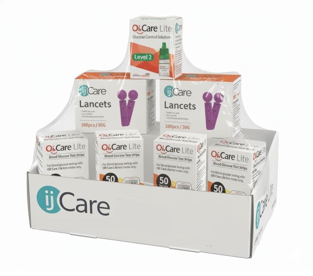- Blood Sugar Testing Bundle – Oh’Care Lite Monitor 200 Glucose Test Strips, 200 ijcare Lancets & 1 Control Solution