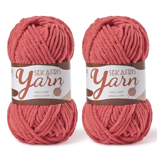 Image of 2 Pack Fluffy Velvet Yarn for Crocheting,Baby Blanket Yarn for Crocheting Soft,100g(131yds) Amigurumi Yarns,Plush Chenille Crochet Yarns,Puzzle Yarn for Crochet Weaving Craft(2 Watermelon Red)