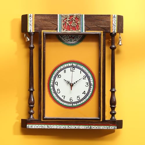 Image of AAKRITI ART CREATIONS Wall Clock Handcrafted Warli Art Yellow Dial with Glass Frame Brown, Yellow | Wall Clock for Home, Home Decoration | Wooden wall Decor | Matte Finish