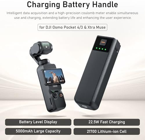 CYNOVA Osmo Pocket 4 Battery Handle for DJI Osmo Pocket 4 Accessories, Pocket 4 Battery Grips Compatible with DJI Pocket 3/Xtra Muse, 5000mAh 22.5W Fast Charging Power and Reserved 1/4”Thread - 4