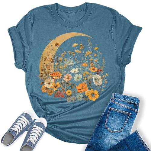 Vintage Wildflowers Graphic Shirt Women's Casual Holiday Short Sleeved T-Shirt Boho Floral Printed Tee Fall Tops