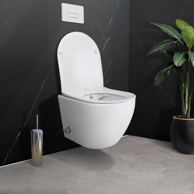 Belvit Spülrandloses Hänge WC Weiß mit integrierter Taharet-/Bidet-& Toilettendeckel mit Absenkautomatik - Wand WC mit Kalt- & Warmwasseranschluss, Design-Toilette mit Edelstahl-Dusche