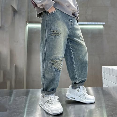 Teens Boys Ripped Jeans Kids Casual Destroyed Elastic Waist Straight Leg Denim Pants with Pockets Fashion Streetwear3