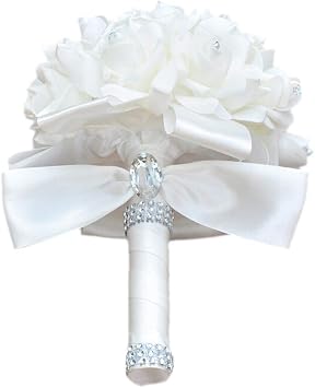Colorful Foam Roses Artificial Flower Wedding Bride Bouquet Party1 White+White