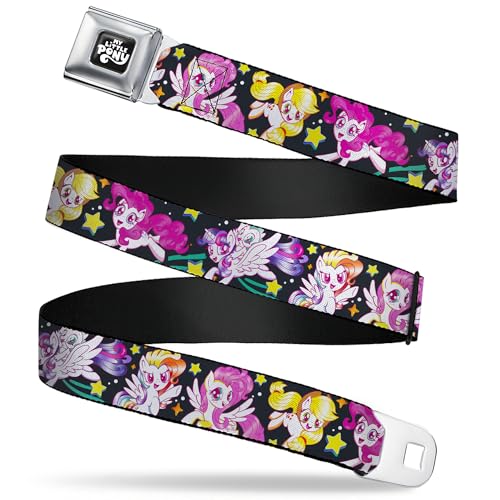 My Little Pony Belt, Seatbelt Buckle Belt, My Little Pony Five Retro Pony Action Pose Black Multi Color, Youth 20 to 36 Inches