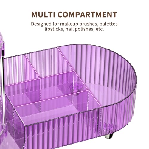 Image of 360 Rotating Vanity Makeup Organizer, 2 Small Trays & 5 Compartments for Cosmetics, Skincare, Perfume, Lipstick & Make up Brushes Holder, Purple Countertop Organizers and Storage for Dresser, Bathroom
