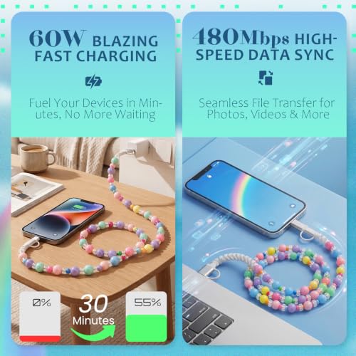 Image of 4-in-1 Beaded Charging Cable, MFi Certified, Works with CarPlay, 3.3FT 60W Fast Charger Cord for iPhone 17 /16 /15 /14 /13 /12 /11, iPad, Samsung, Android and More (Candy Pop)