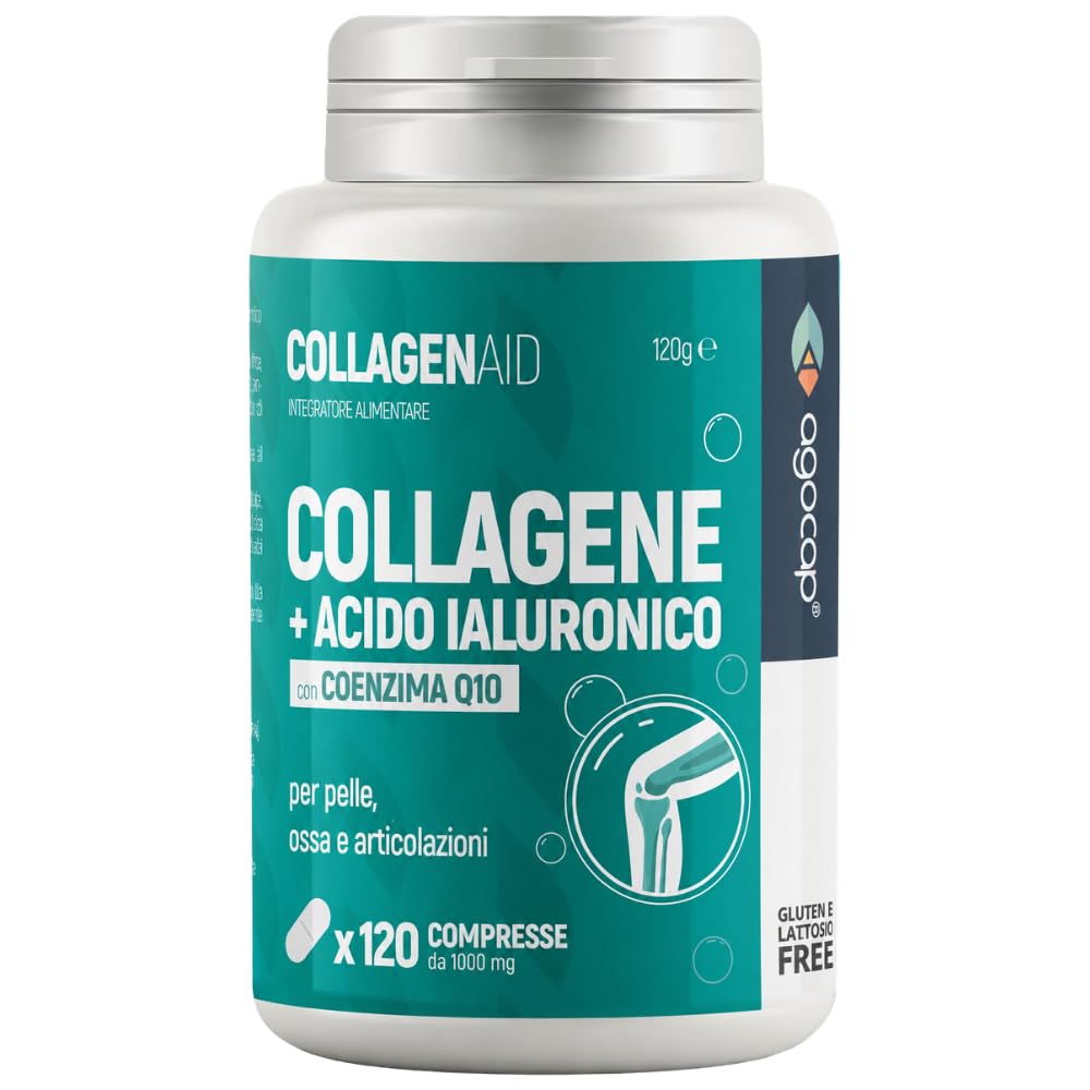 Collagene e Acido Ialuronico. Collagene idrolizzato, 120 compresse arricchite con Coenzima Q10. Collagene integratore, 1000mg con acido ialuronico. Agocap