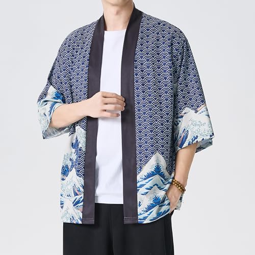 Image of Men's Japanese Kimono Robe Jacket Lightweight 3 /4 Sleeve Open Front Yukata | Silky Smooth Fashion Print Happi Coat Lightweight Breathable Loose Unisex Haori Casual Summer Cardigan Daily Beach Vacation