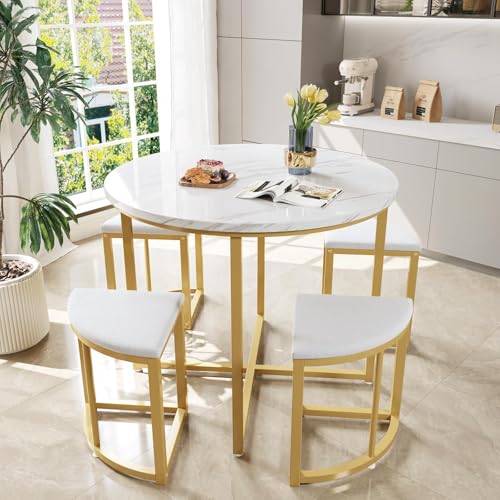PUGSDRLY Table a Manger avec 4 Chaises,Tables et Chaises de Luxe Modernes,Tables de Salle à Manger avec Armature en Fer,Chaise en Velours,Table de Cuisine 4...