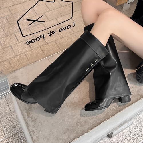 Knee high boot womens Fold Over black suede boots for women Round Toe tan Chunky heels Pull on Booties wide calf boots dressy botas2