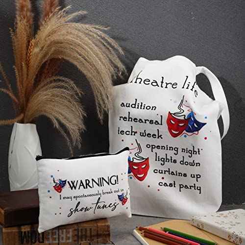 Image of Sieral 2 Pieces Theater Gift Musical Theater Life Show Canvas Tote Bag Cosmetic Reusable Comedy Tragedy Mask Makeup Bag Pouch Drama Gift for Women Actress Teacher
