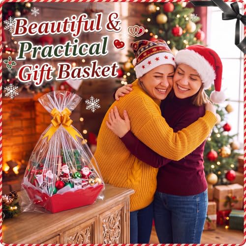 Image of Fuyoooo 8 Pack Red Basket for Gifts Empty to Fill, 10 inch x 8 inch Thick Sturdy Kraft Scalloped Edge Gift Basket with Handle, 8 Wrap Bag 8 Bow 16 Tissue Paper for Christmas Wedding Birthday Wrapping Gift